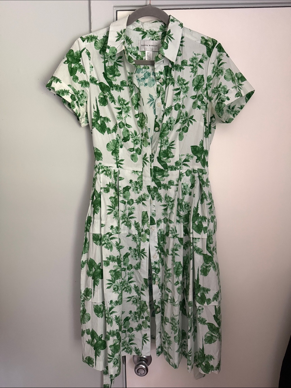 Donna Morgan White Shirt Dress with Green Botanical Print